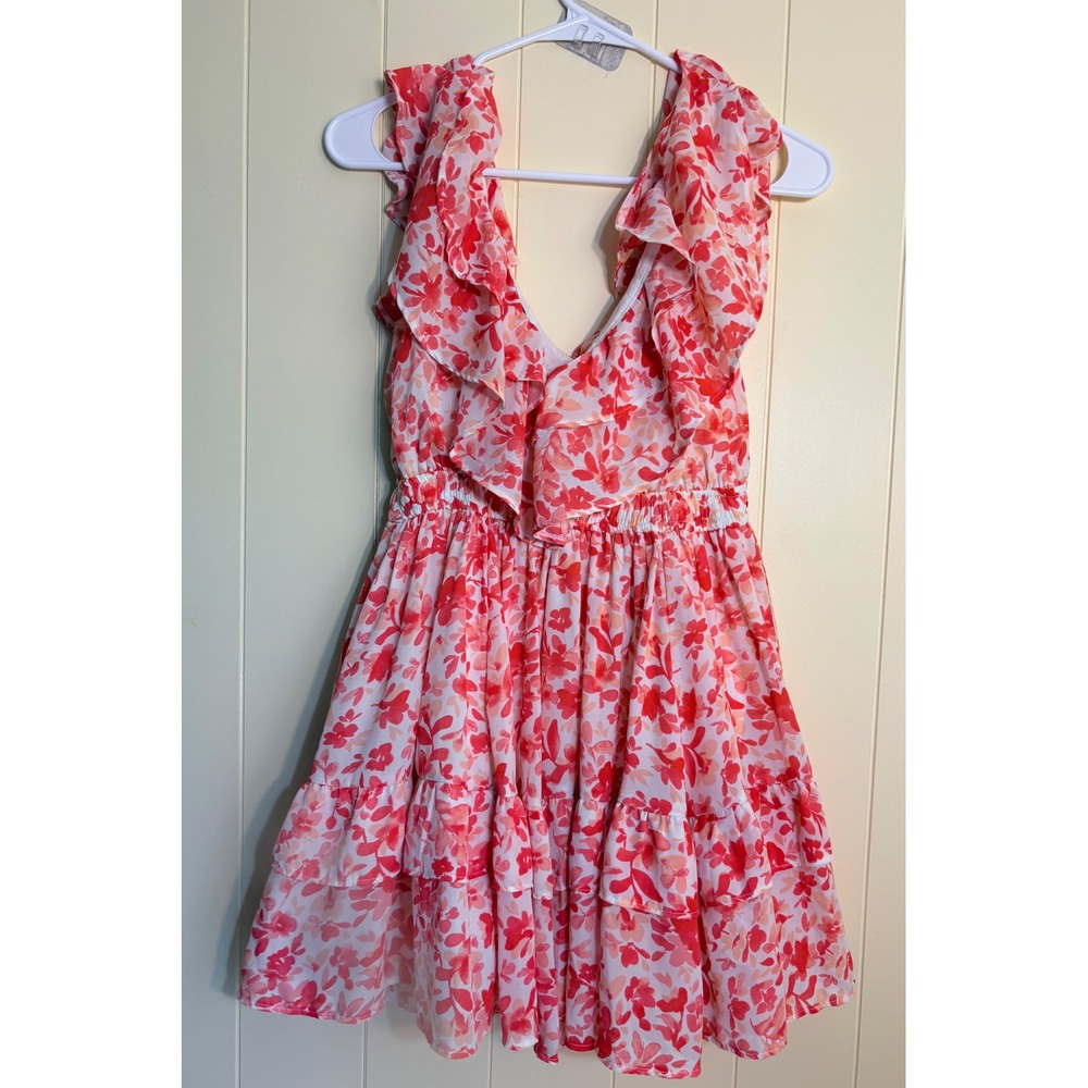 Abercrombie & Fitch Red Floral Ruffle V-Neck Smocked Mini Dress Womens XS Petite